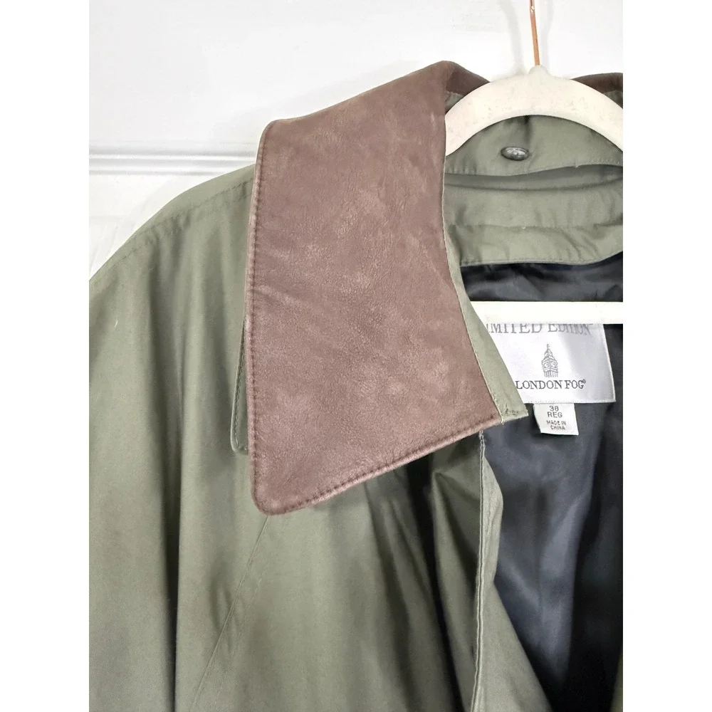 London Fog Limited Edition Trench Coat 38 Reg Olive Green Belted Leather Collar